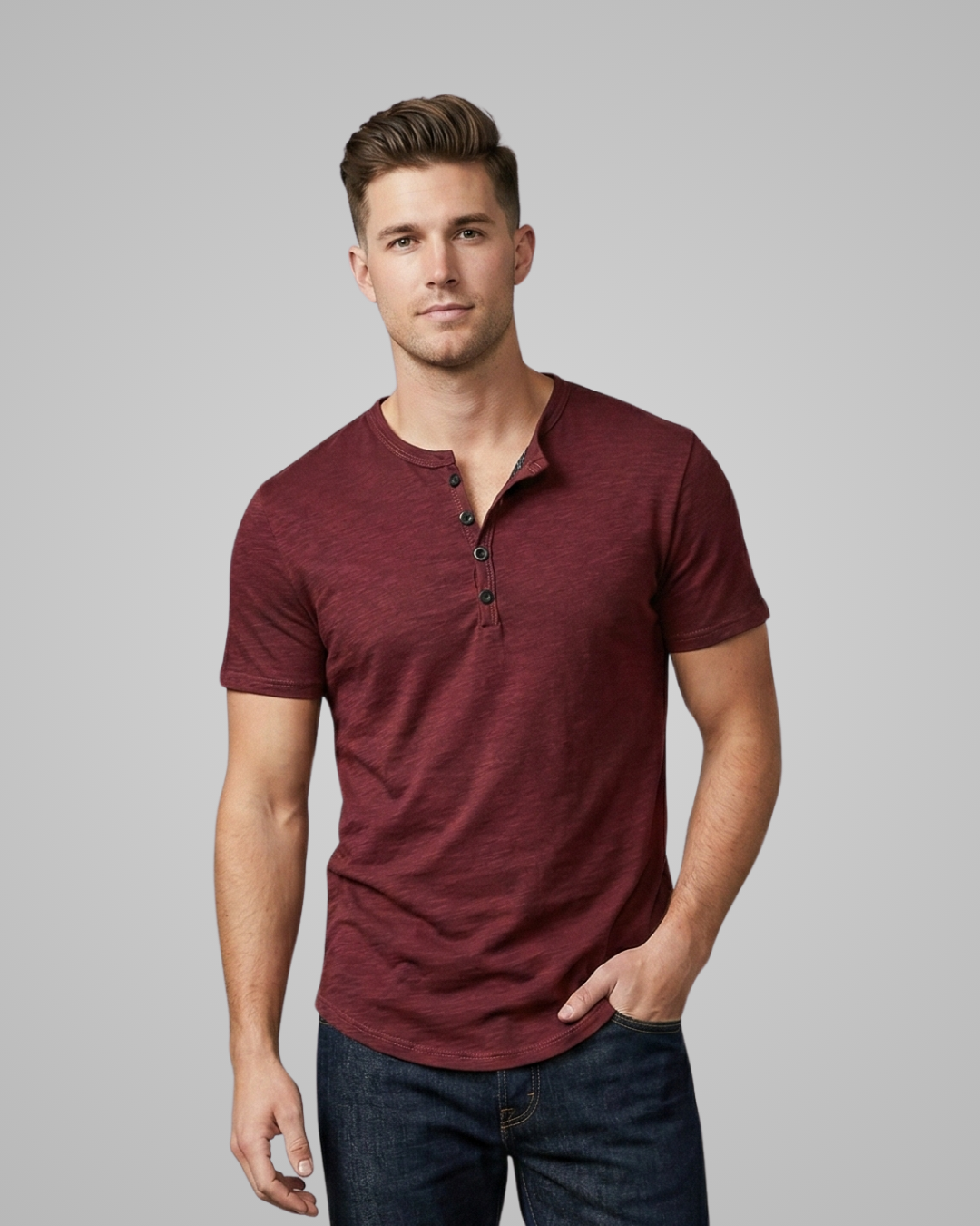 Man wearing a maroon henley shirt against a gray background