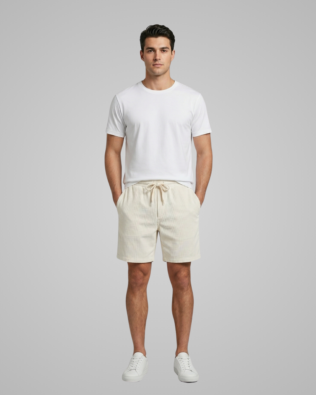 Man wearing a white t-shirt and beige shorts on a gray background