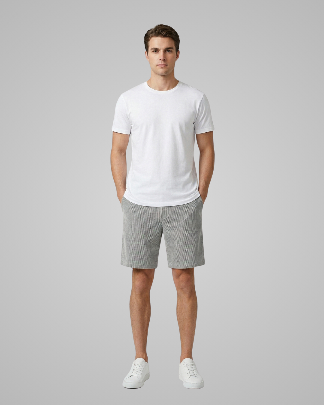 Man wearing a white t-shirt and gray shorts on a gray background