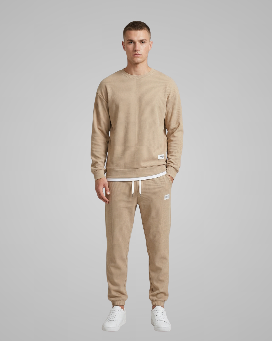 Man wearing a beige tracksuit on a gray background