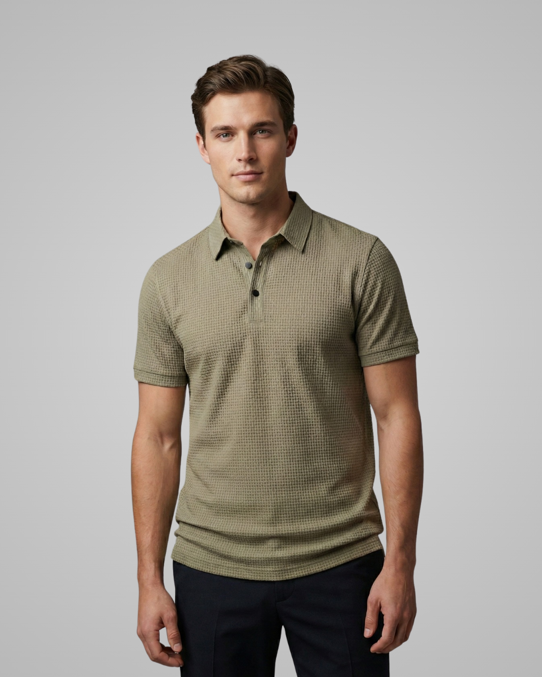 Man wearing a green checkered polo shirt against a gray background