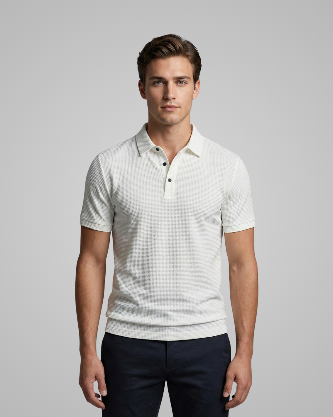 Man wearing a white patterned polo shirt against a gray background