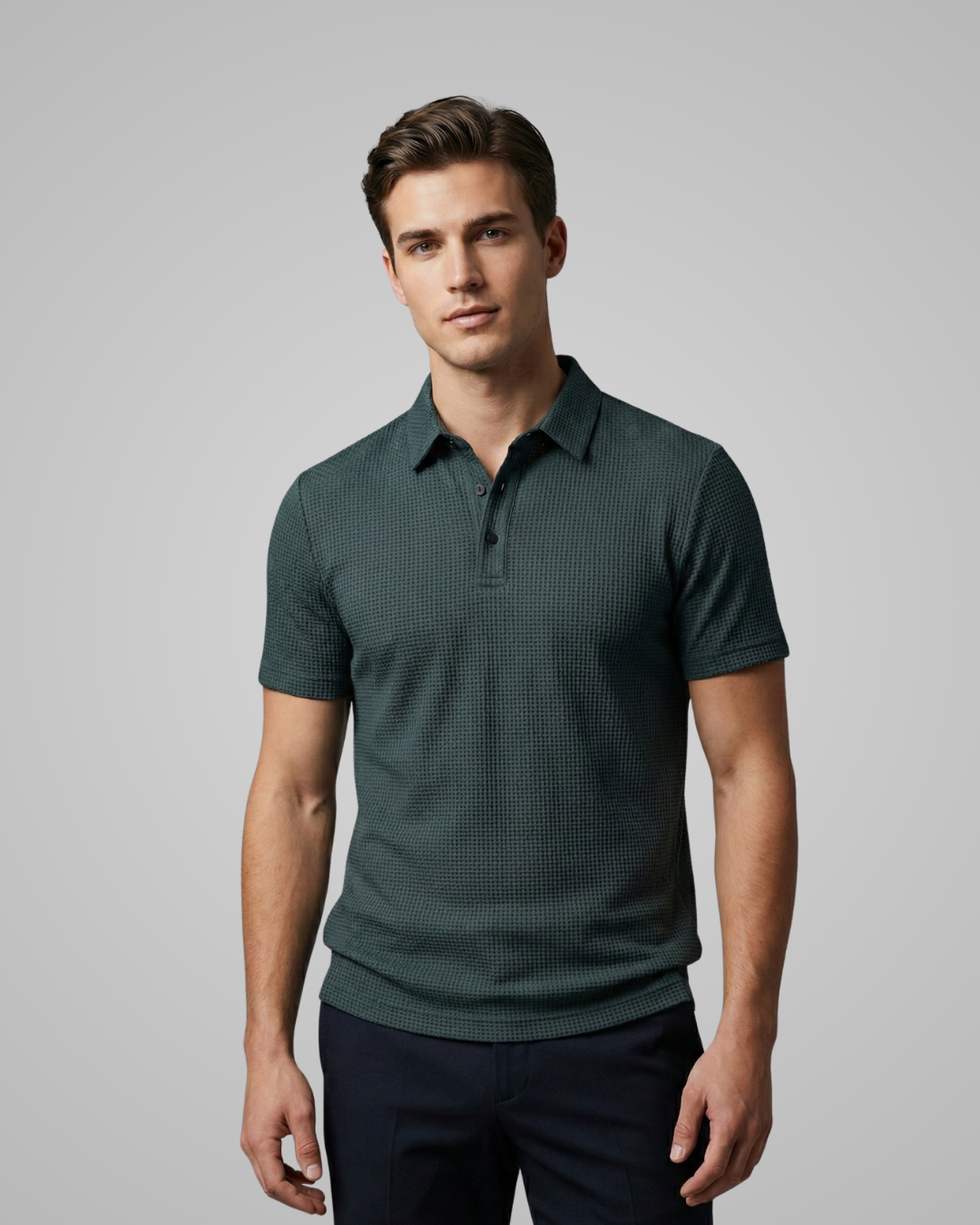 Man wearing a green patterned polo shirt against a gray background