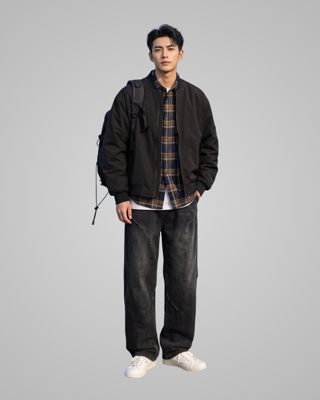 Man wearing a black jacket, plaid shirt, and dark jeans on a gray background