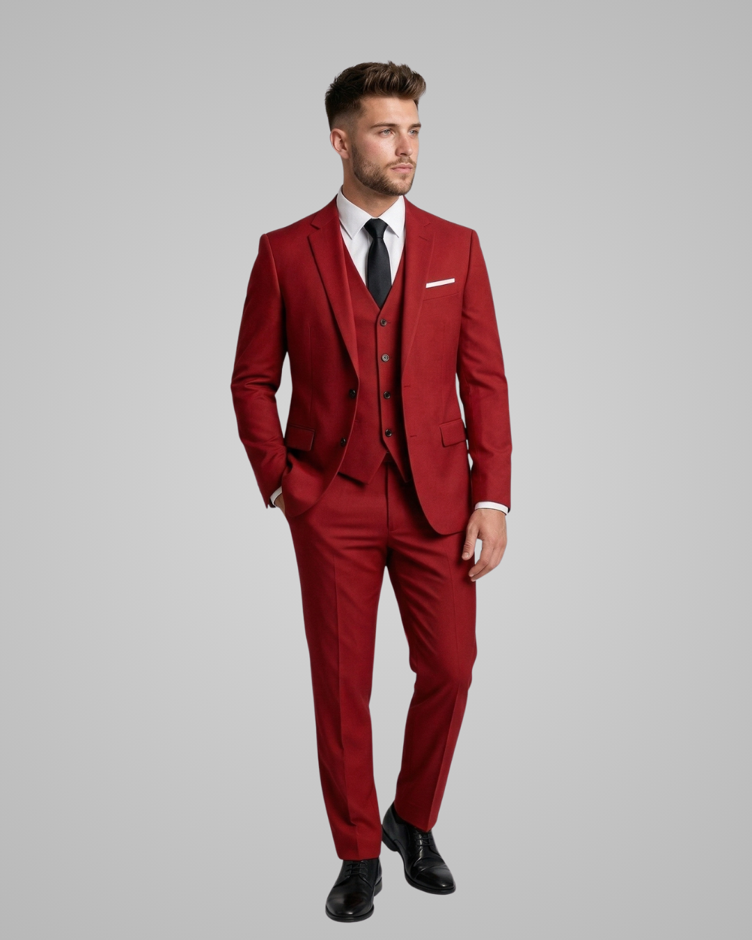 Man wearing a red suit with a gray background