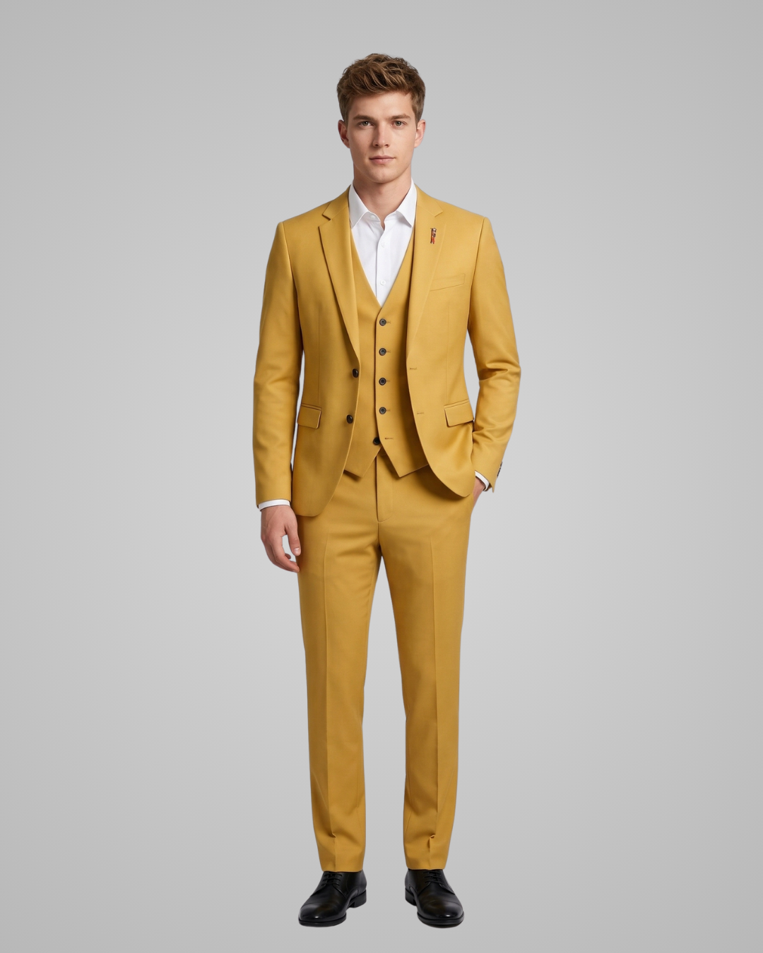 Man wearing a mustard yellow three-piece suit on a gray background