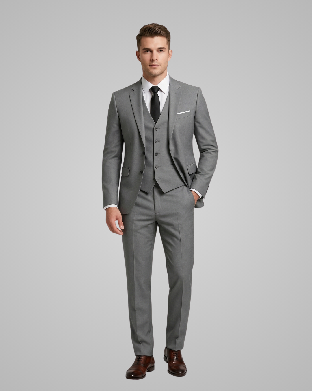 Man wearing a gray suit with a white shirt and black tie on a gray background