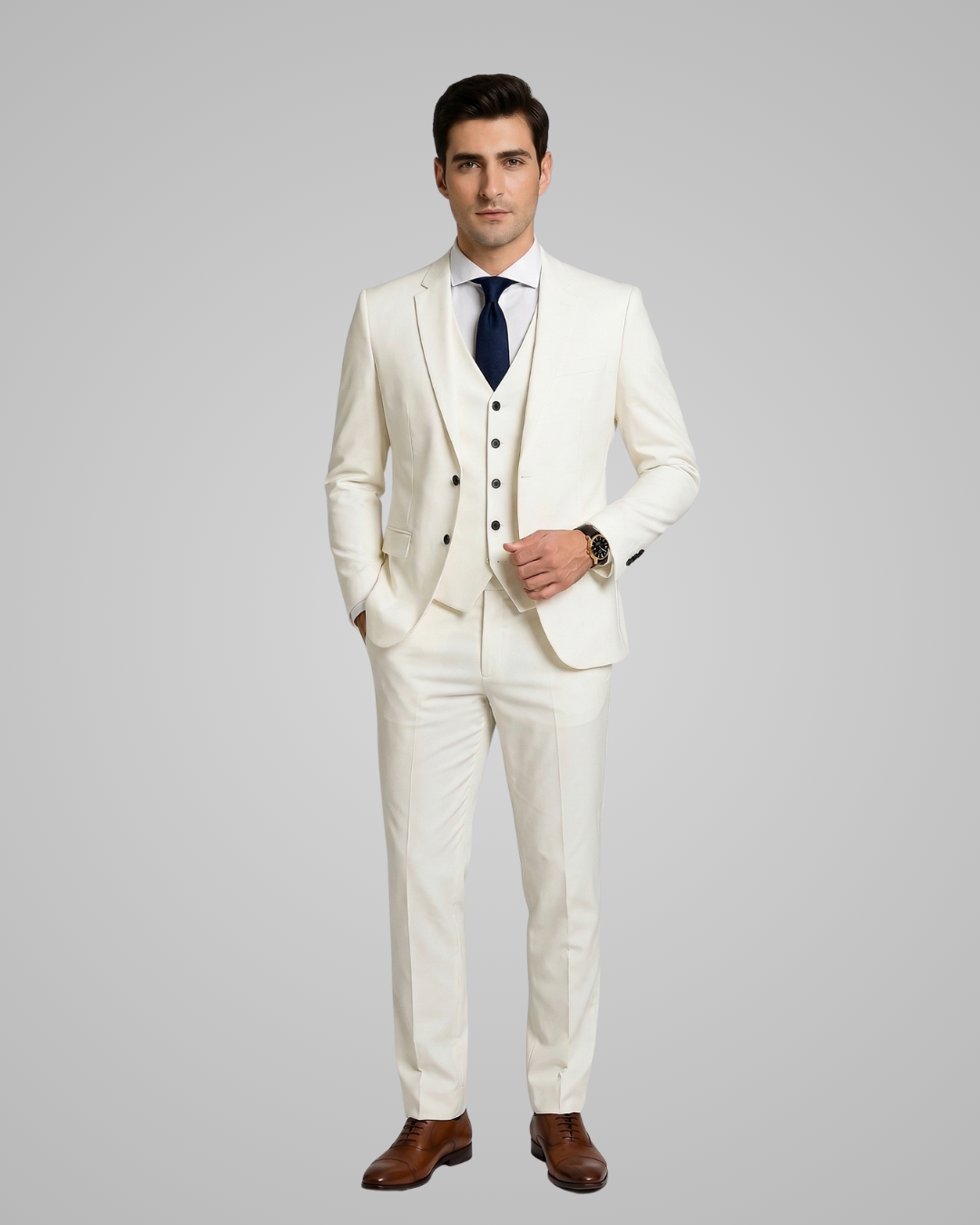 Man wearing a white suit with a blue tie against a gray background