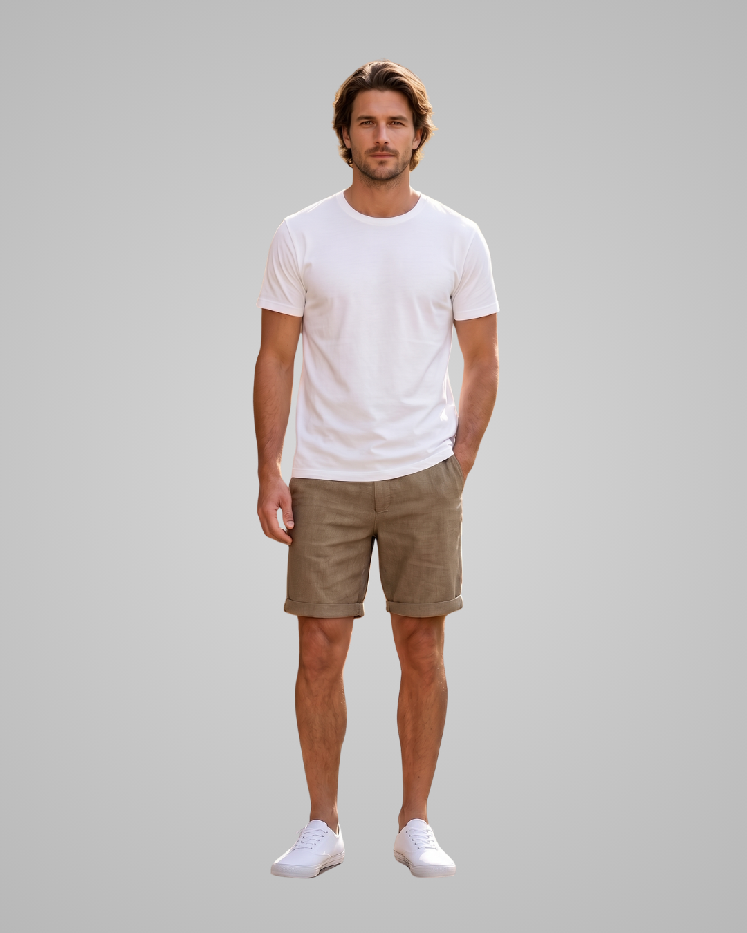 Man wearing a white t-shirt and beige shorts on a gray background