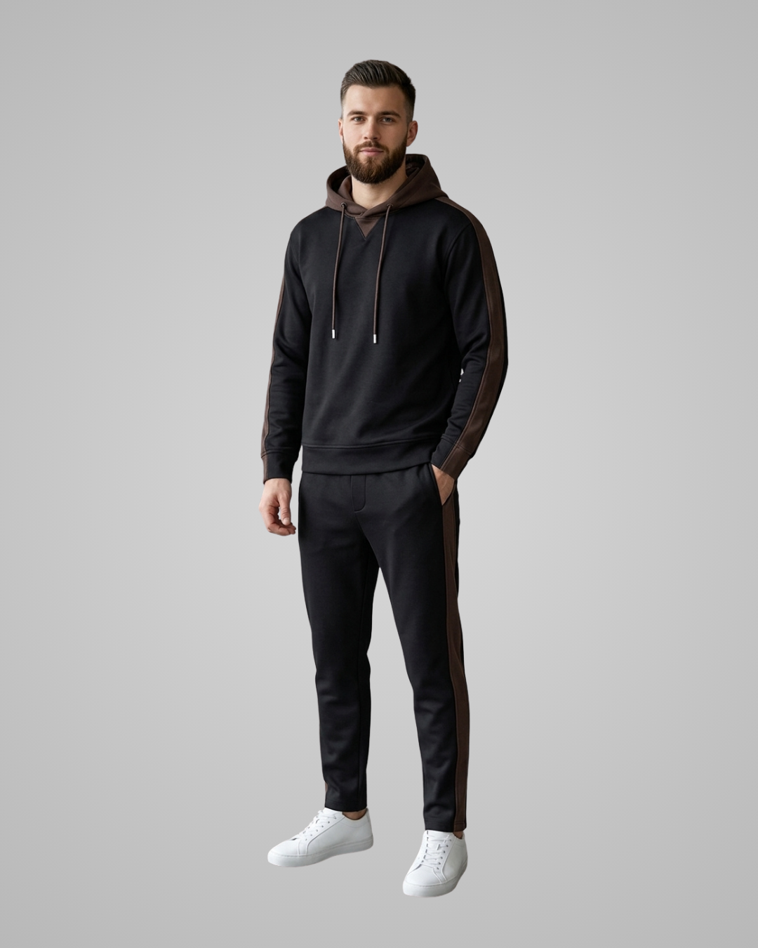Men's Casual Hoodie Jogger Tracksuit Set in Black