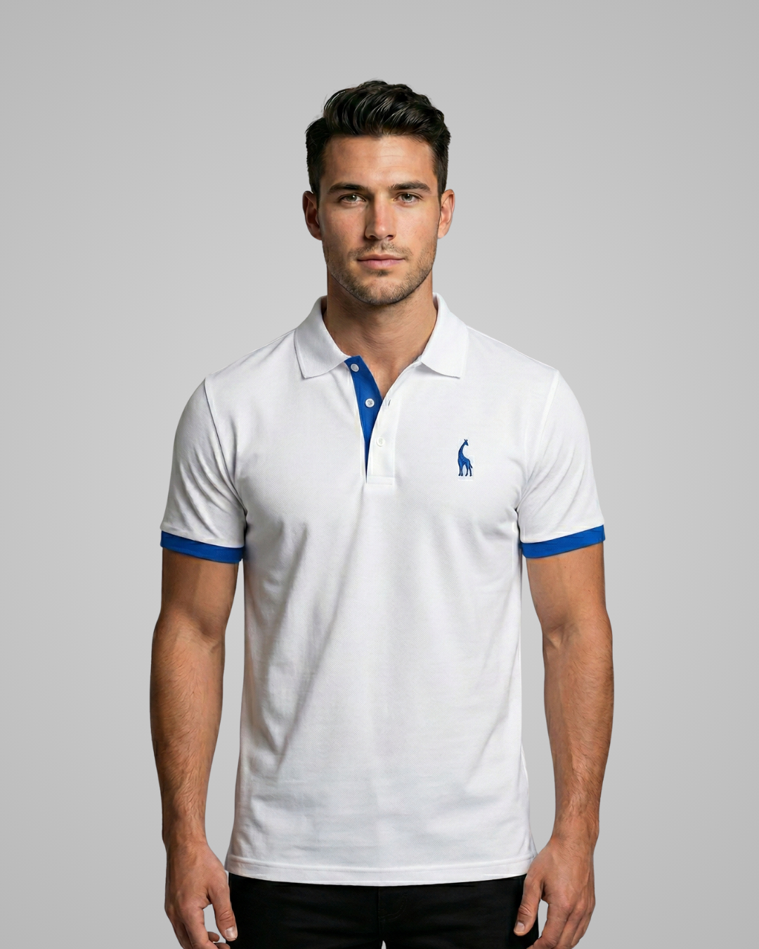 Man wearing a white polo shirt with blue accents on a gray background