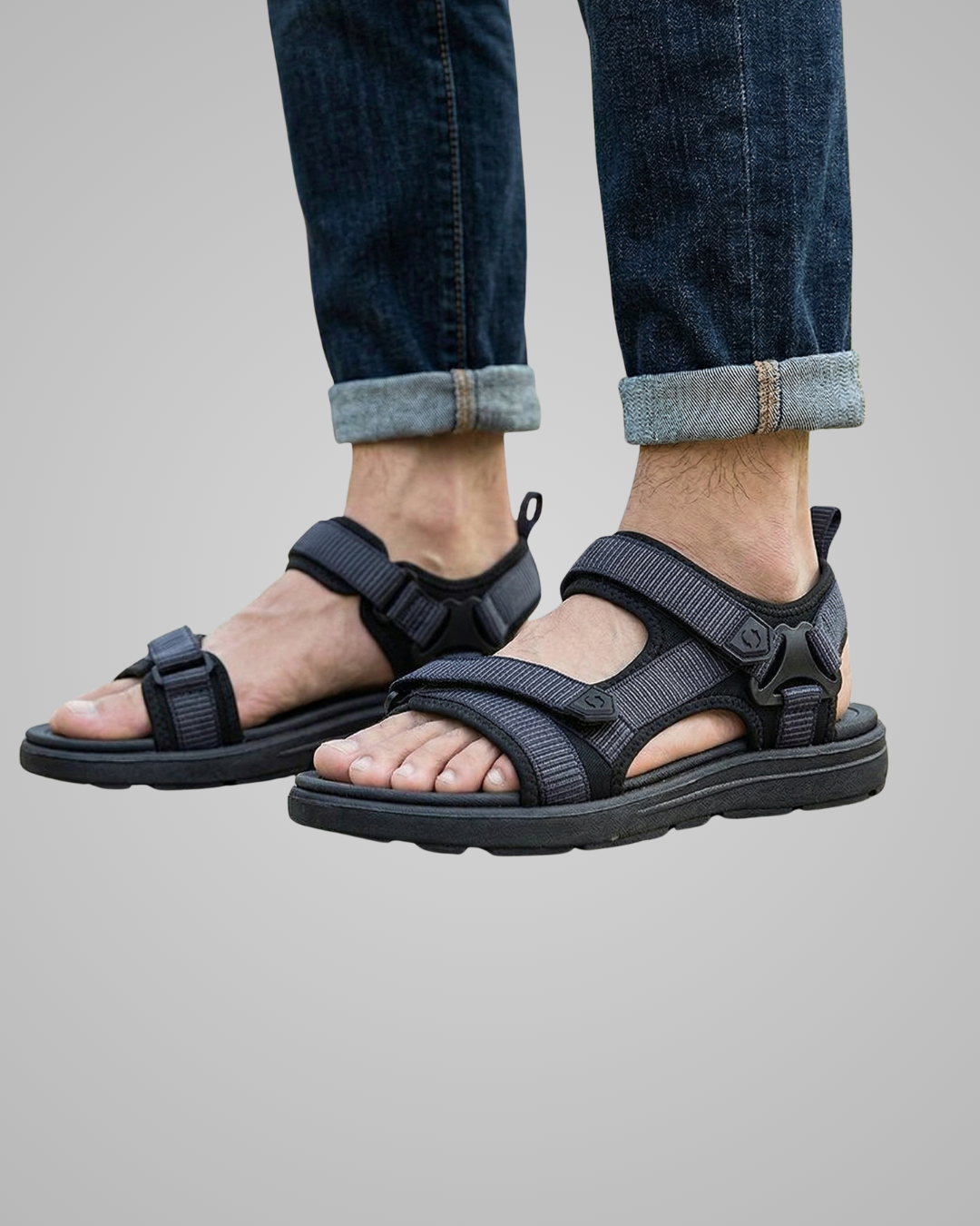 Black sandals worn with rolled-up jeans on a gray background