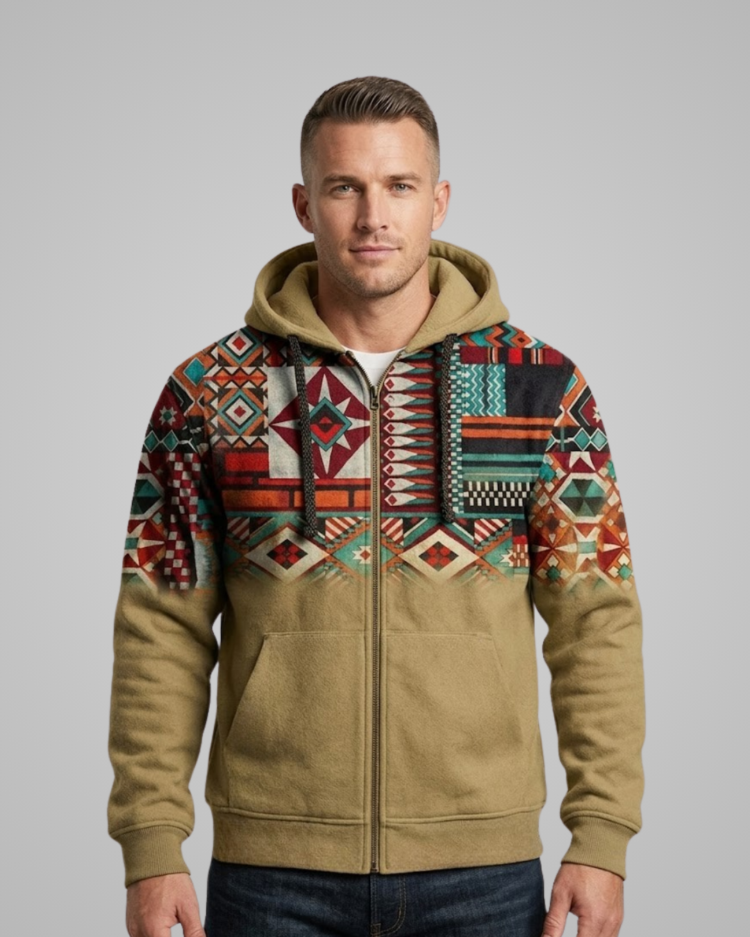 Man wearing a patterned hoodie with a neutral background