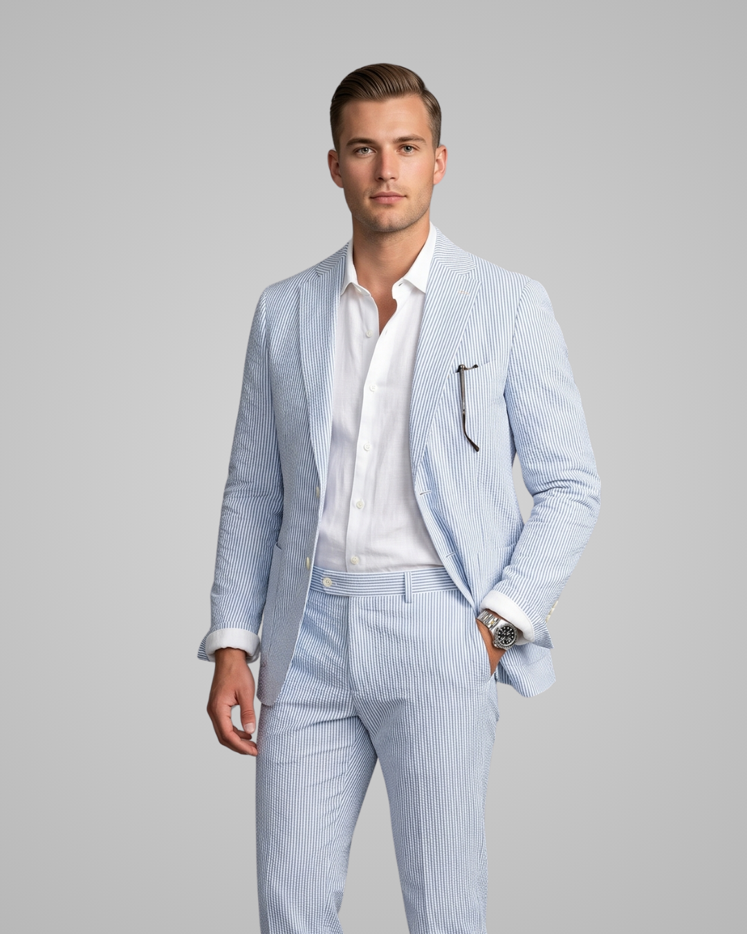 Man wearing a light blue striped suit with a white shirt on a gray background