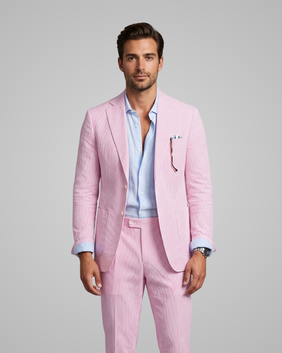 Man wearing a pink suit with a light blue shirt on a gray background