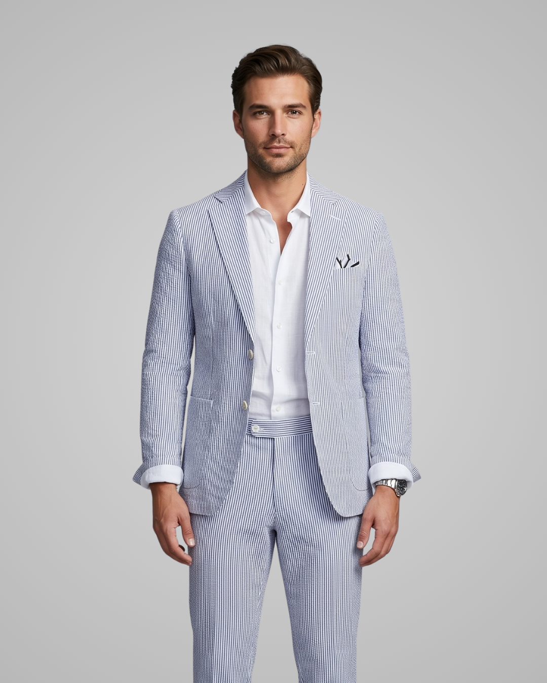 Man wearing a blue checkered suit with a white shirt on a gray background