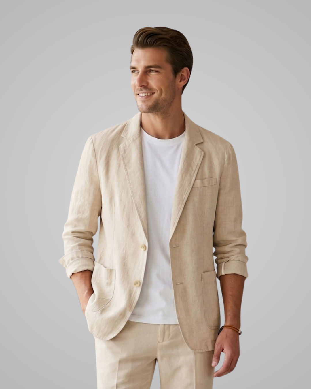 Man wearing a beige blazer over a white shirt on a gray background
