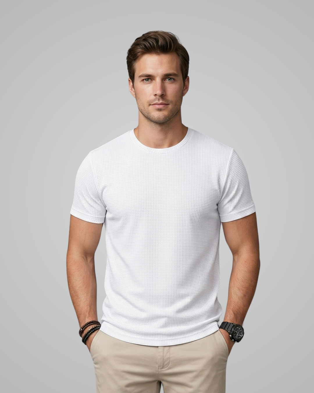 Man wearing a white textured t-shirt and beige pants against a gray background
