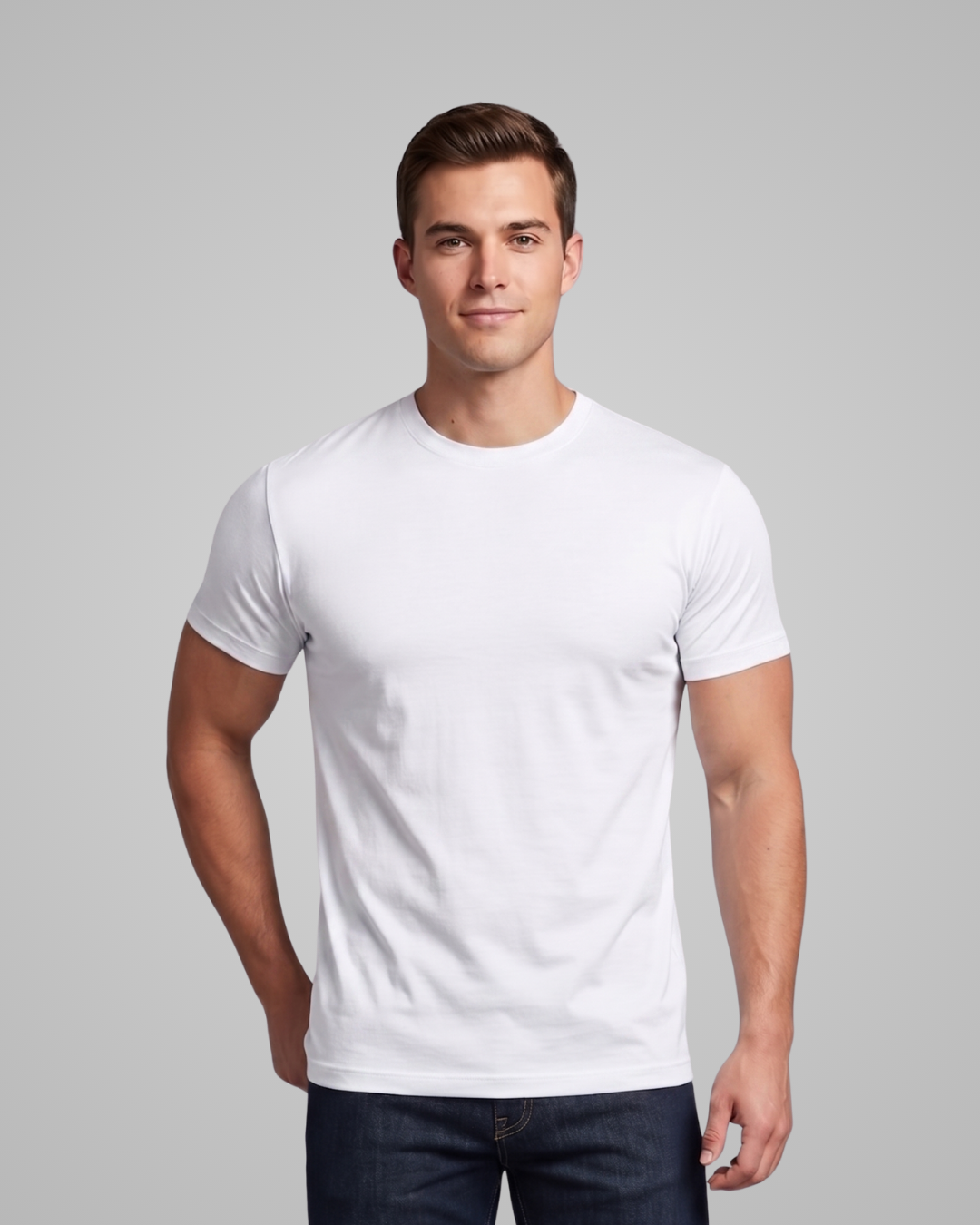 Man wearing a plain white t-shirt against a gray background