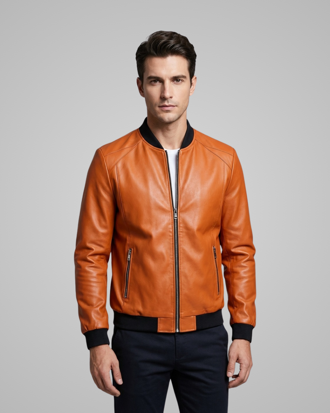 Man wearing a brown leather jacket on a gray background