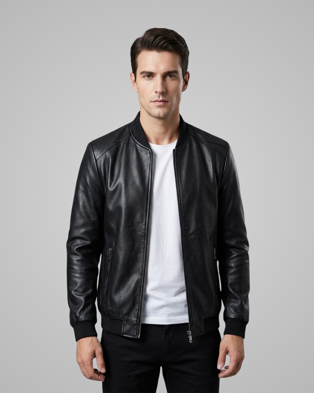 Man wearing a black leather jacket over a white shirt on a gray background