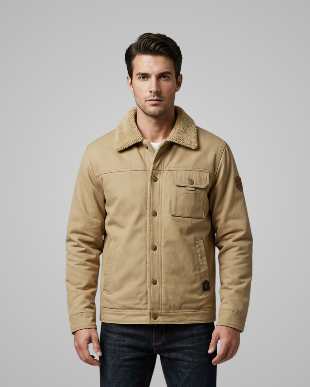 Man wearing a beige jacket with a fur collar on a gray background