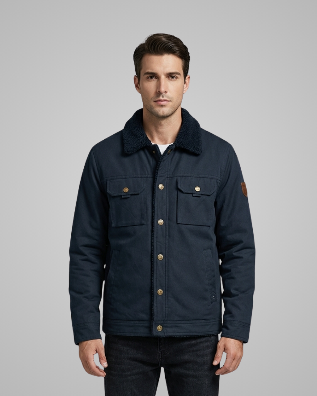 Man wearing a navy blue jacket on a gray background