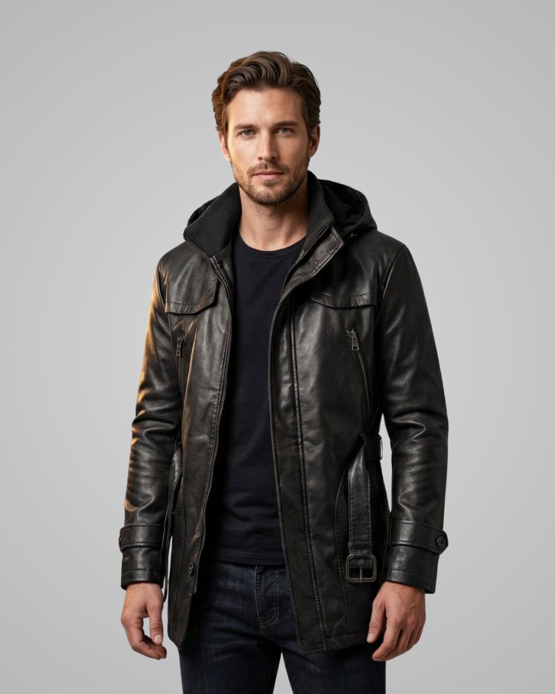 Man wearing a black leather jacket with a gray background