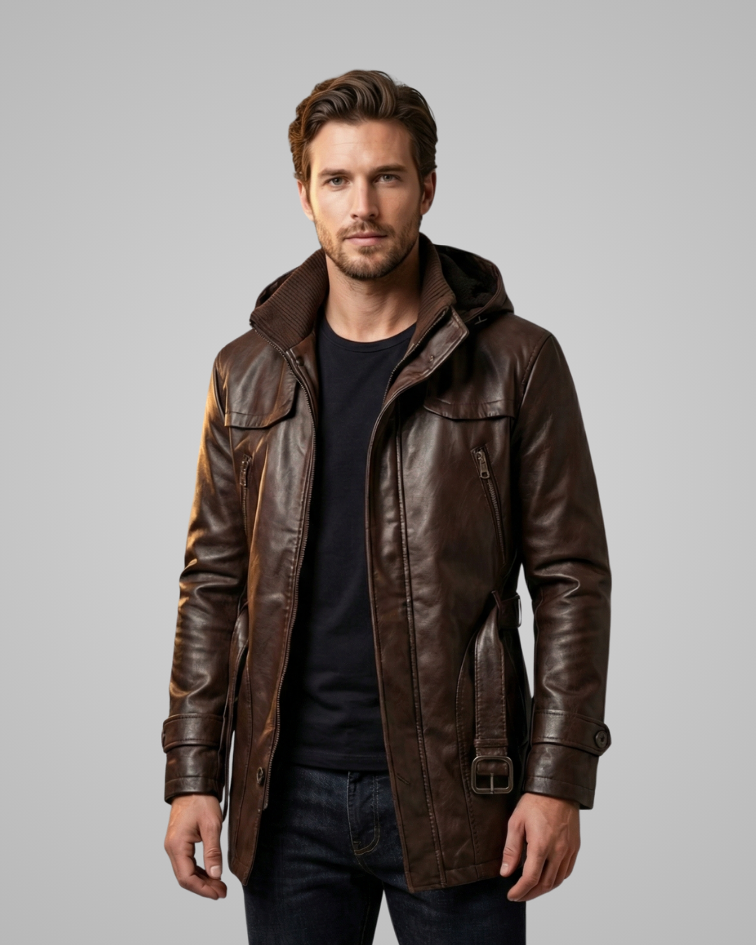 Man wearing a brown leather jacket on a gray background