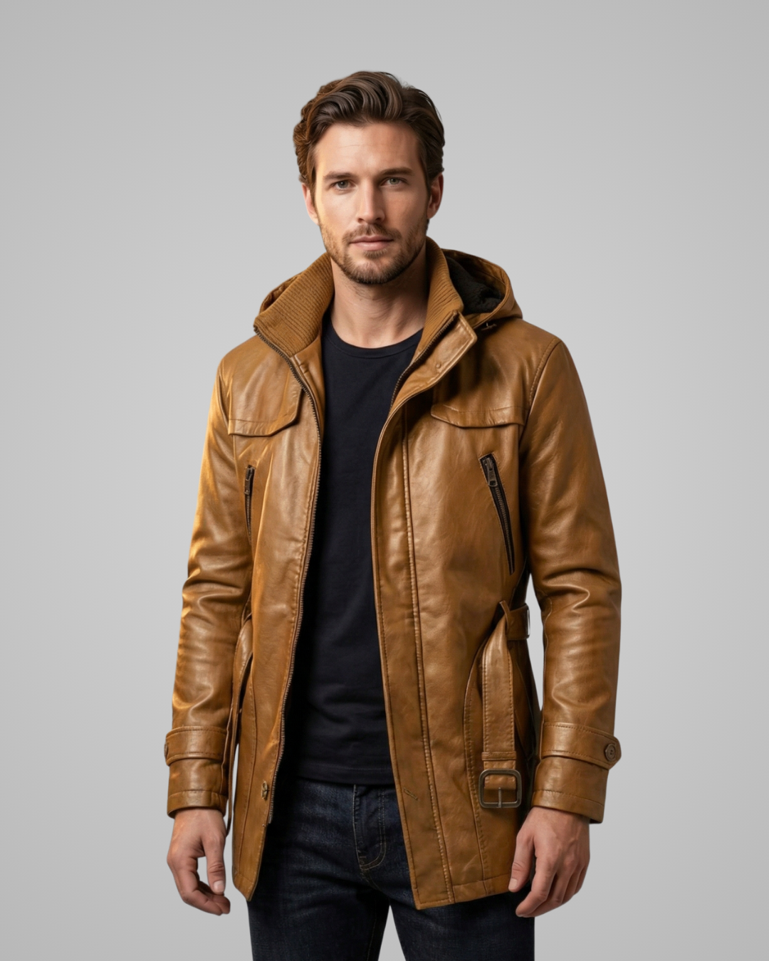 Man wearing a brown leather jacket on a gray background