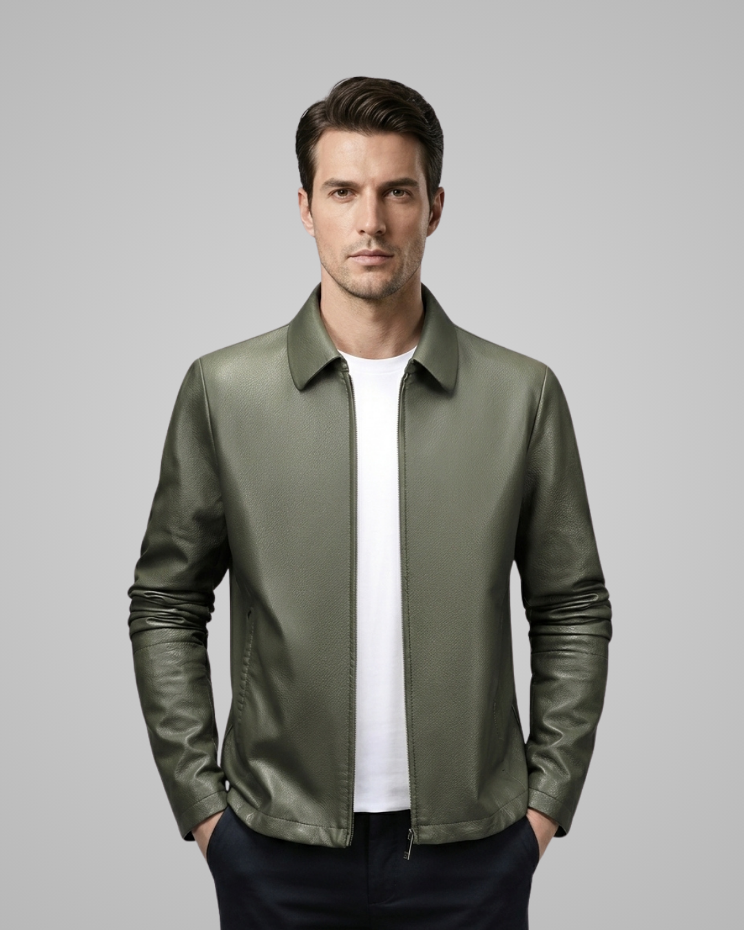 Man wearing a green leather jacket on a gray background