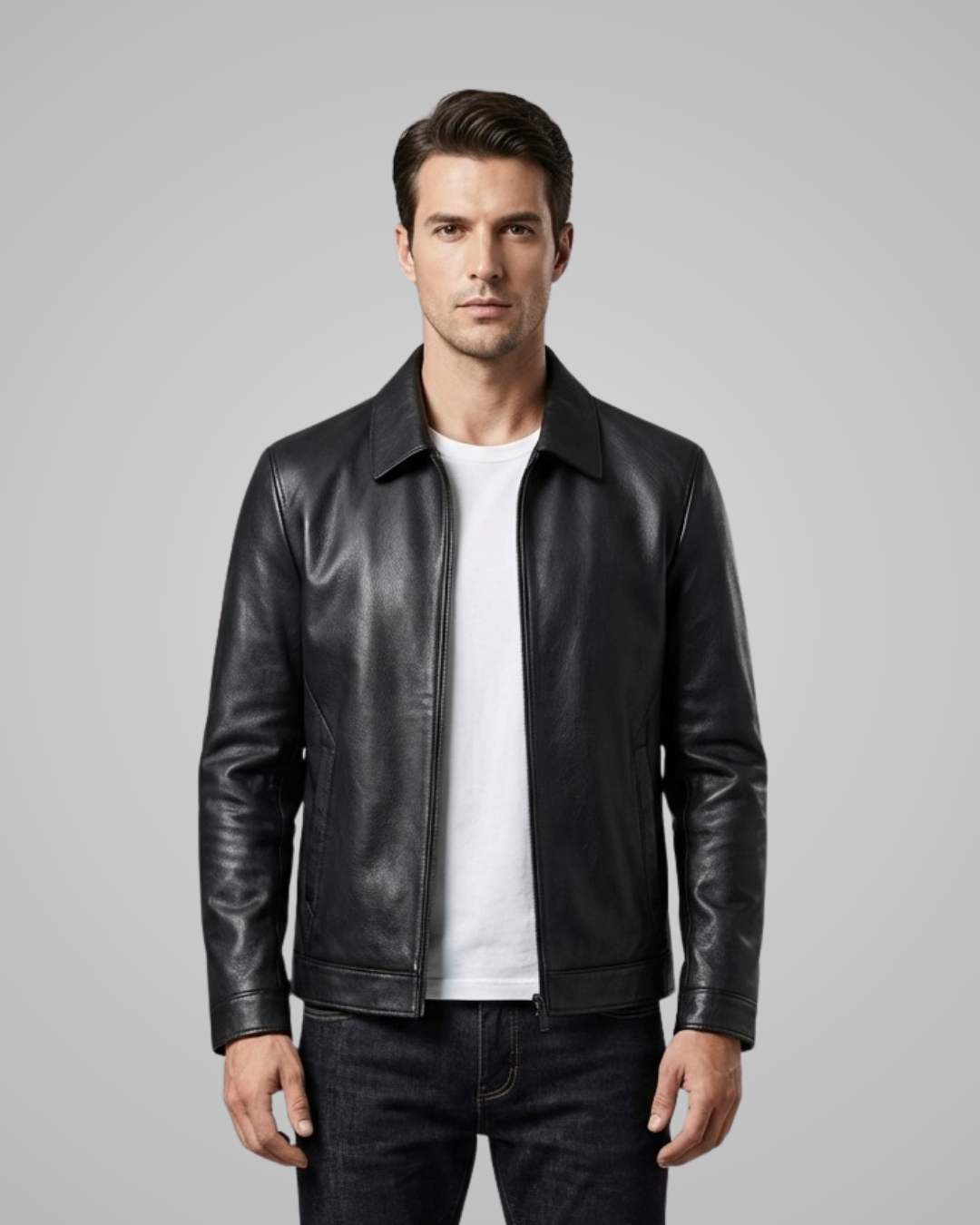 Man wearing a black leather jacket over a white shirt on a gray background