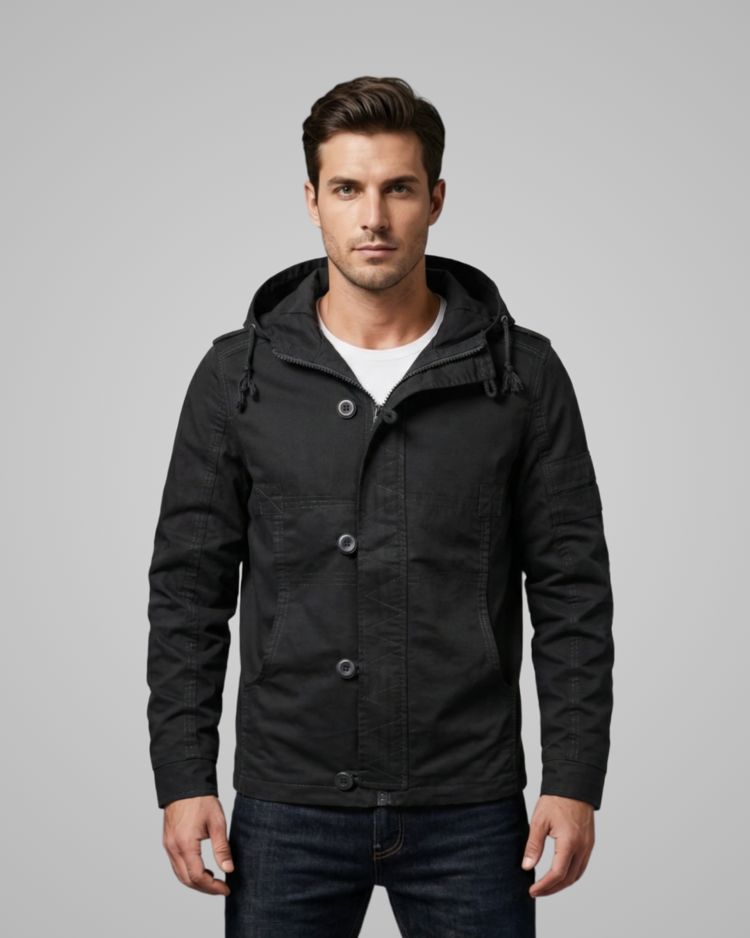 Man wearing a black jacket with a hood on a gray background