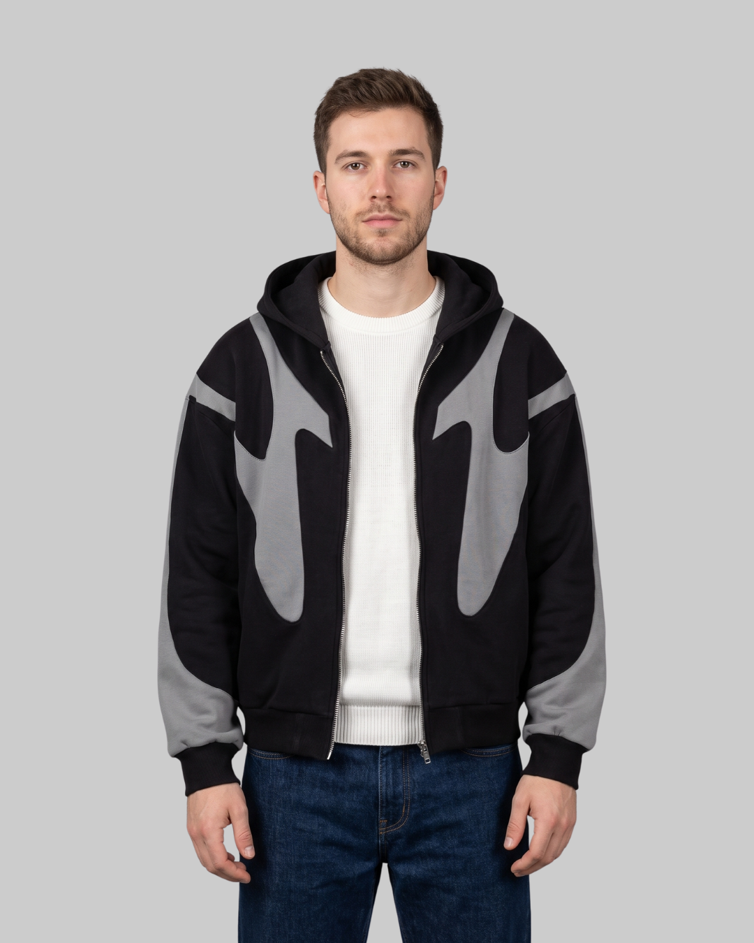 Men's Abstract Panel Zip Hoodie in black.