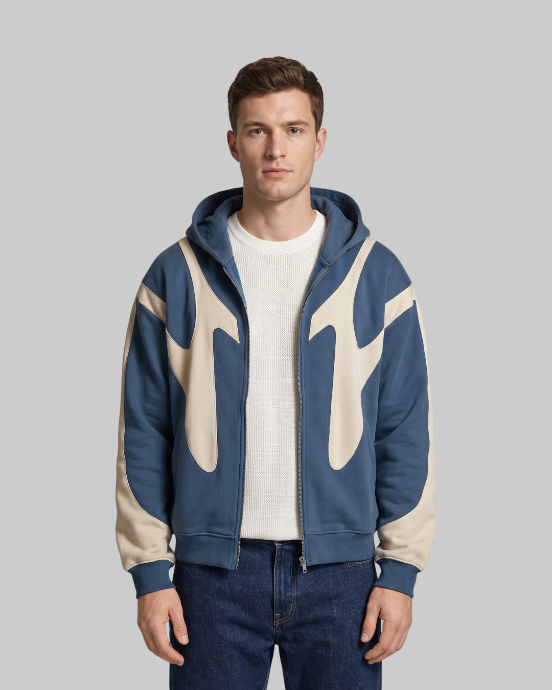 Men's Abstract Panel Zip Hoodie in blue.
