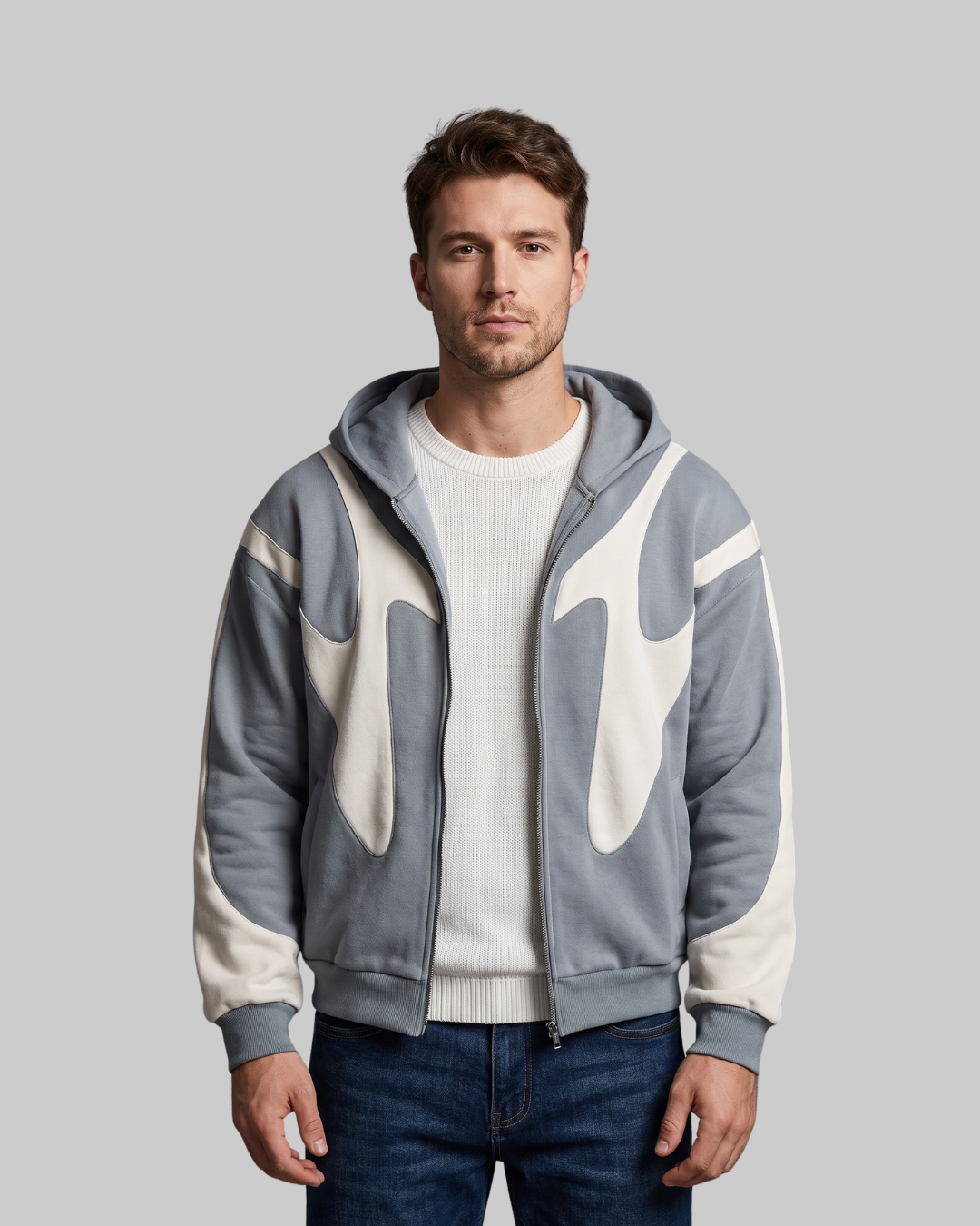 Men's Abstract Panel Zip Hoodie in grey.
