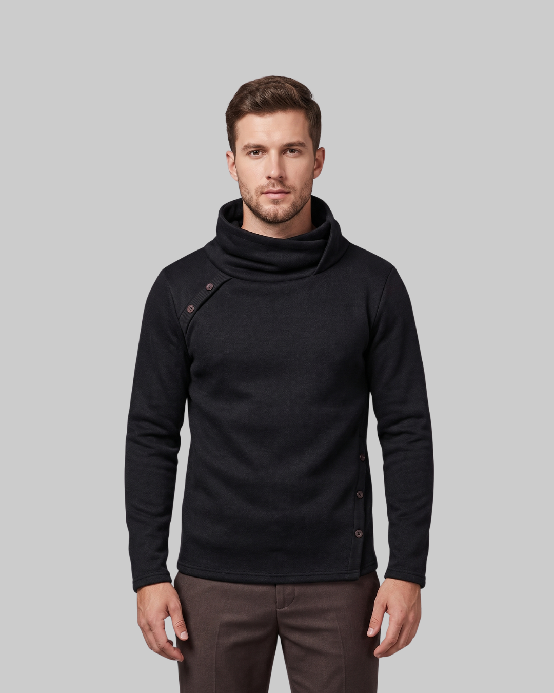 Men's Asymmetric Button Collar Sweater in black.