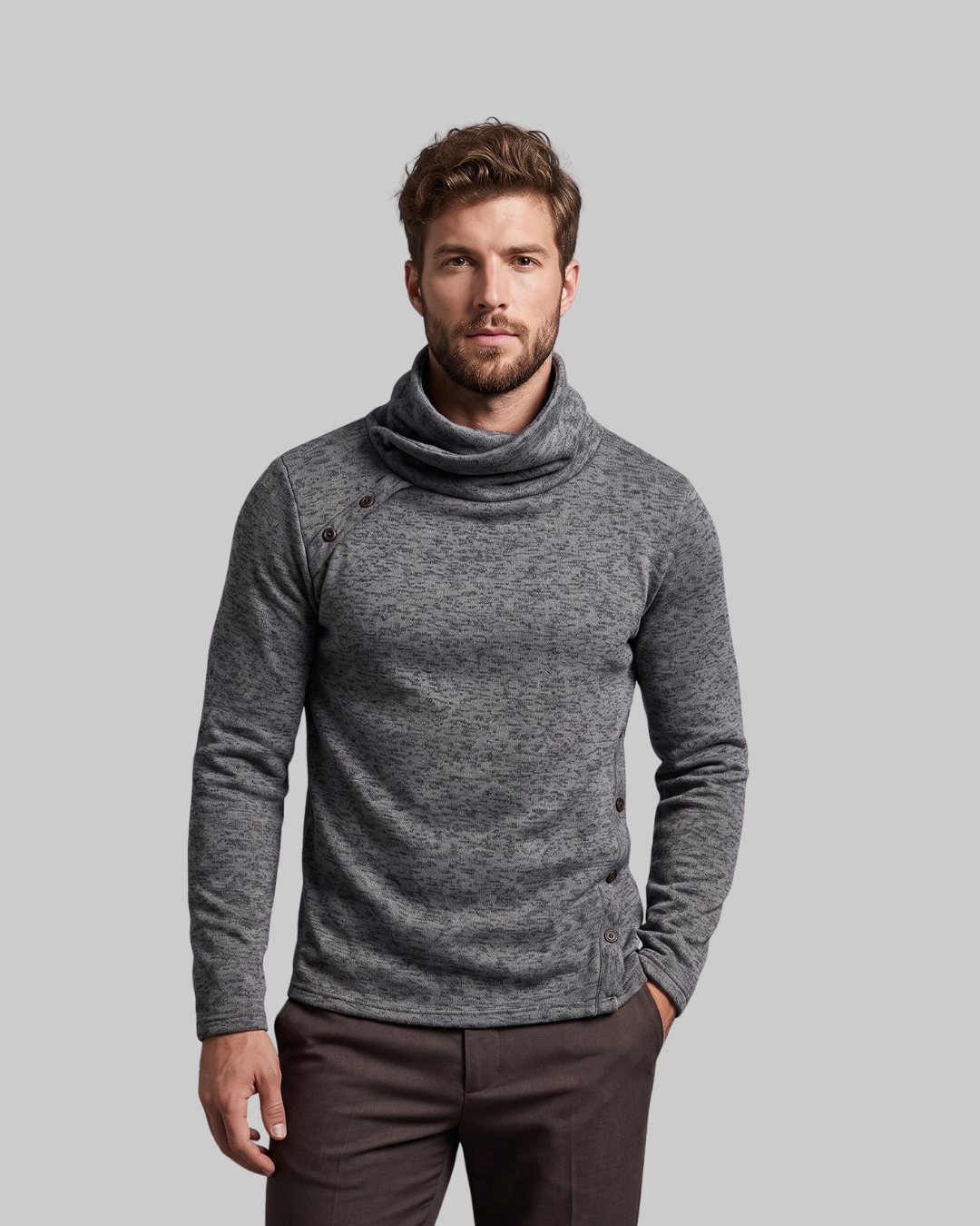 Men's Asymmetric Button Collar Sweater in dark grey.