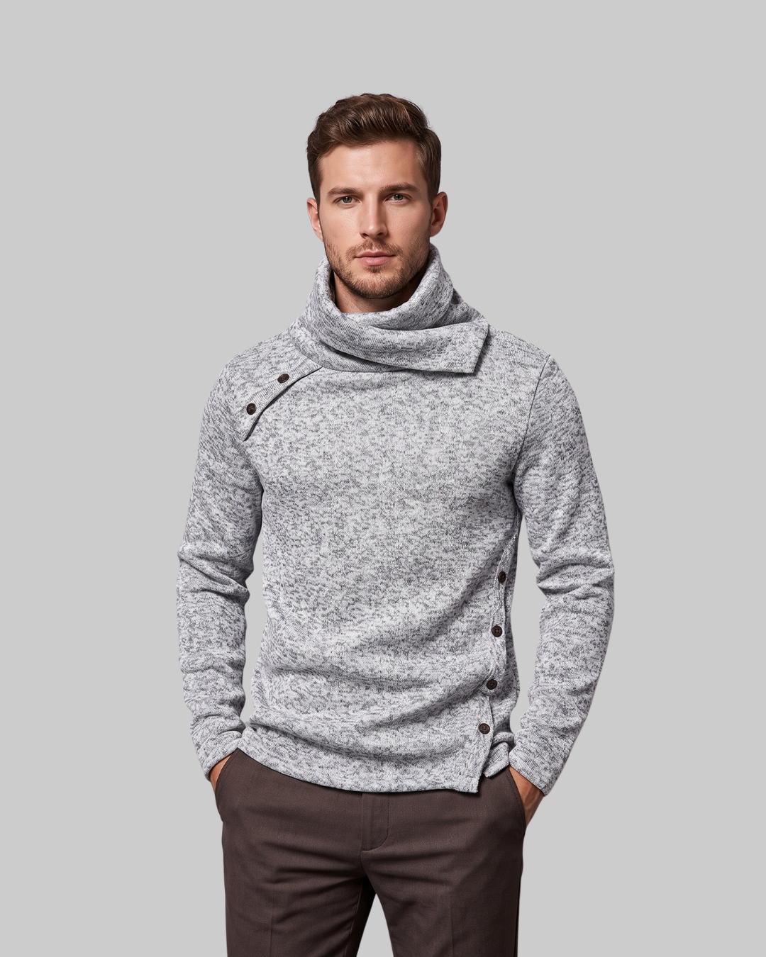 Men's Asymmetric Button Collar Sweater in light grey.