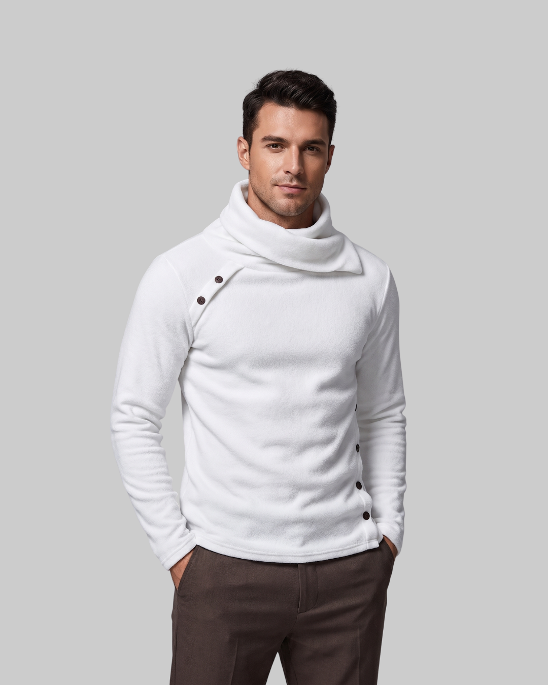 Men's Asymmetric Button Collar Sweater in white.