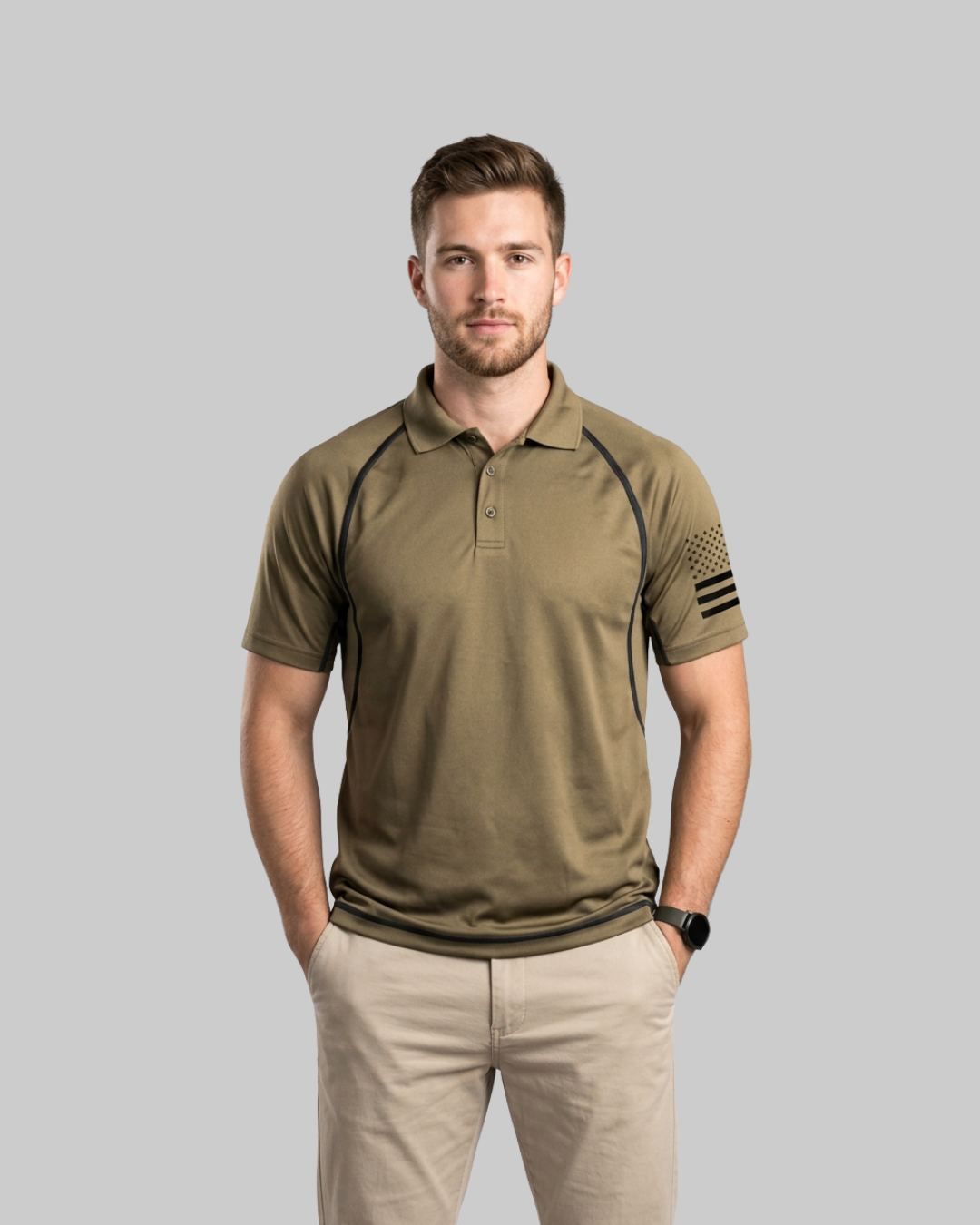Men's Athletic Fit Polo Shirt in khaki.