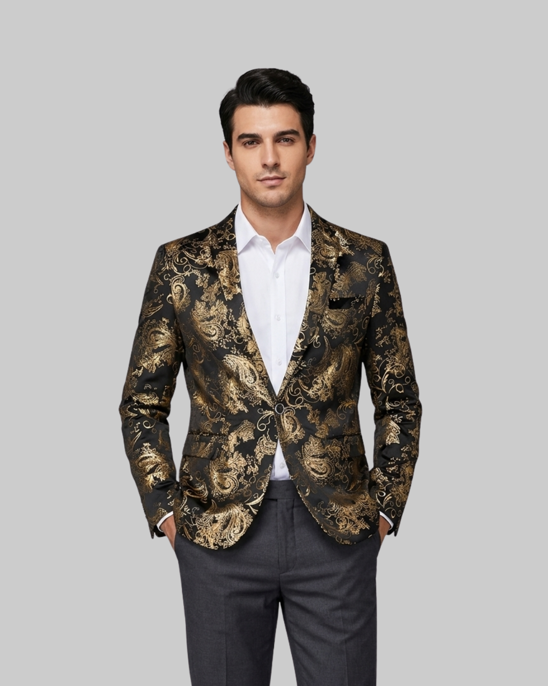 Men's Baroque Pattern Blazer in gold.