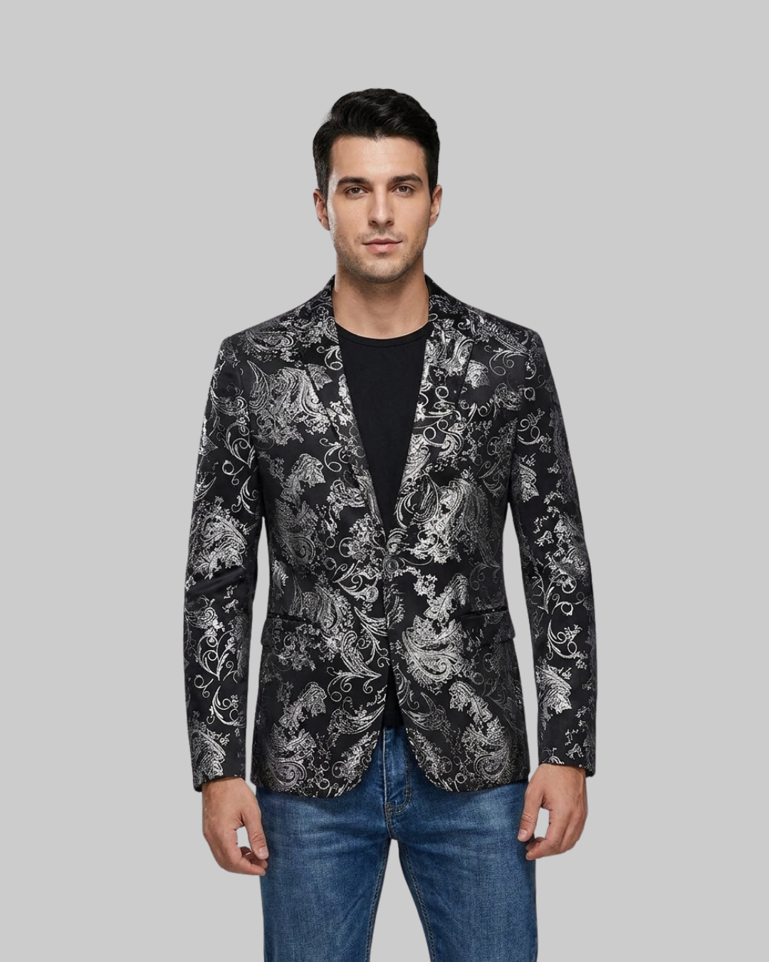 Men's Baroque Pattern Blazer in silver.