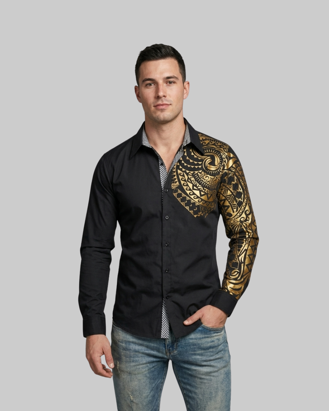 Men's Baroque Print Dress Shirt in black.