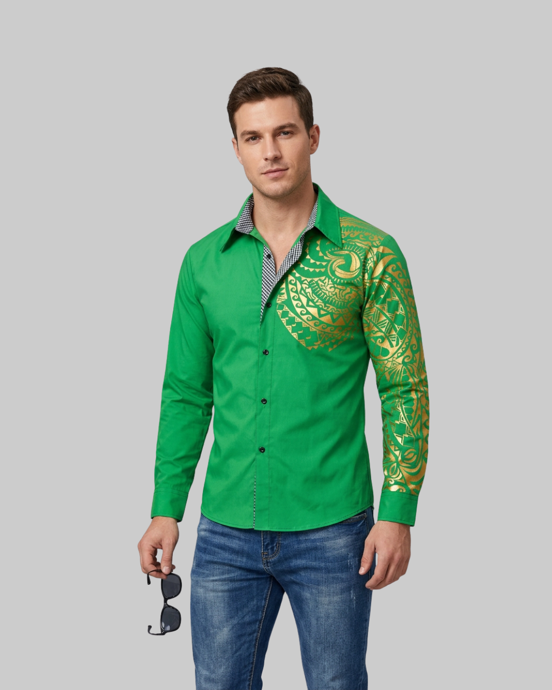 Men's Baroque Print Dress Shirt in green.