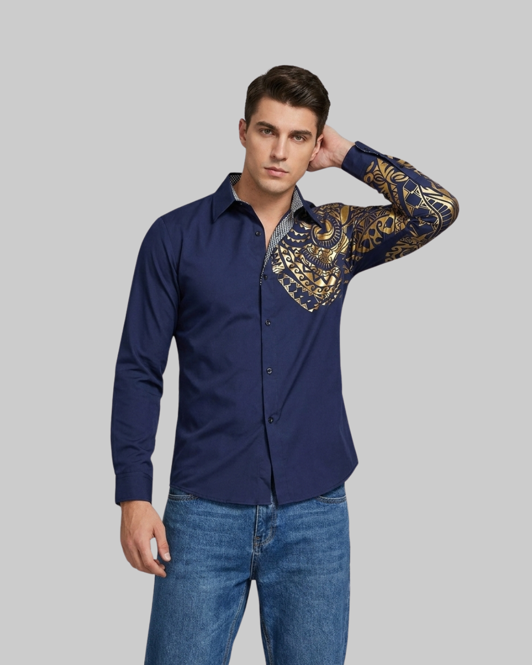 Men's Baroque Print Dress Shirt in navy blue.
