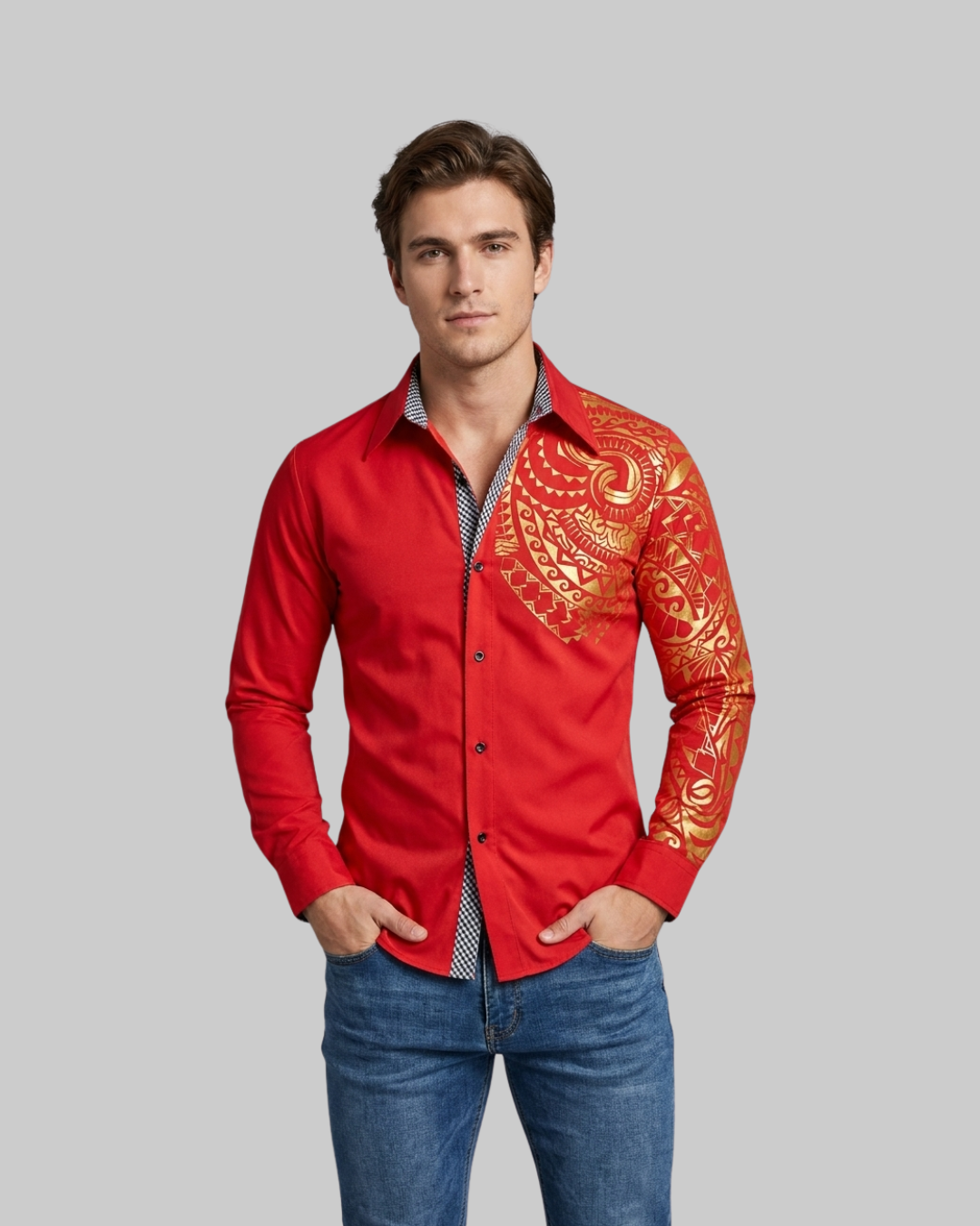 Men's Baroque Print Dress Shirt in red.
