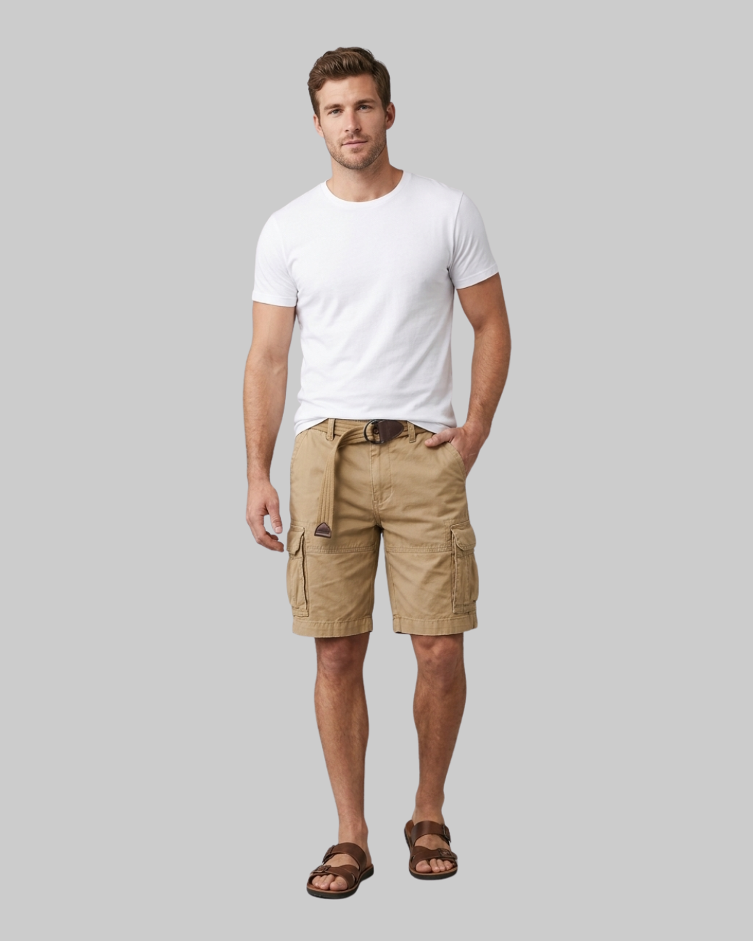 Men's Belted Cargo Shorts in Khaki