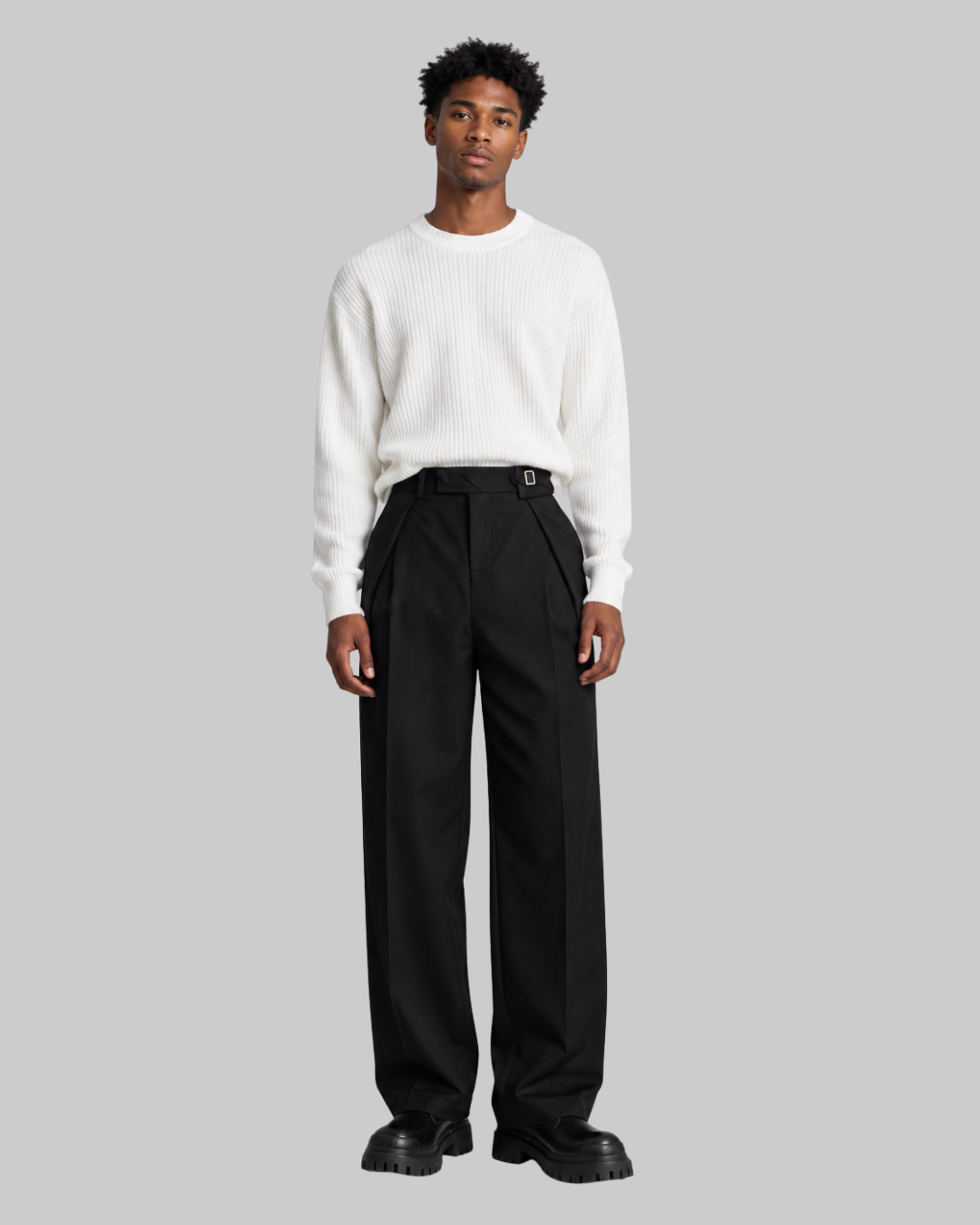 Men's Buckle Waist Wide-Leg Trousers in front view.