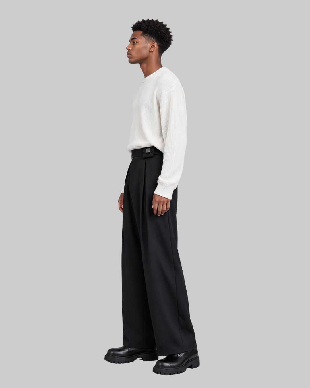 Men's Buckle Waist Wide-Leg Trousers in side view.